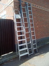 LADDERS - LARGE EXTENDING, SMALL EXTENDING AND LARGE STEPS. ROOF HOOKS INCLUDED