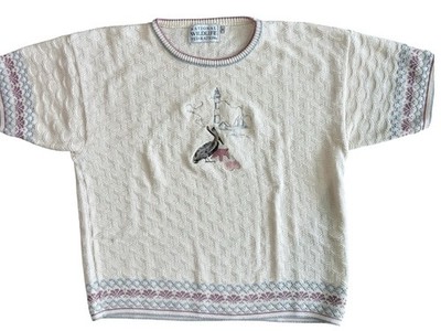 VINTAGE 80s 90s Embroidered Short Sleeve Pelican Coastal Grandma Sweater Sz M