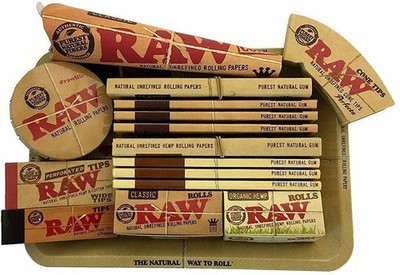 RAW Rolling Tray Kit 16tlg Cones Tips Papers Bundle Smoking Gift Set Authentic