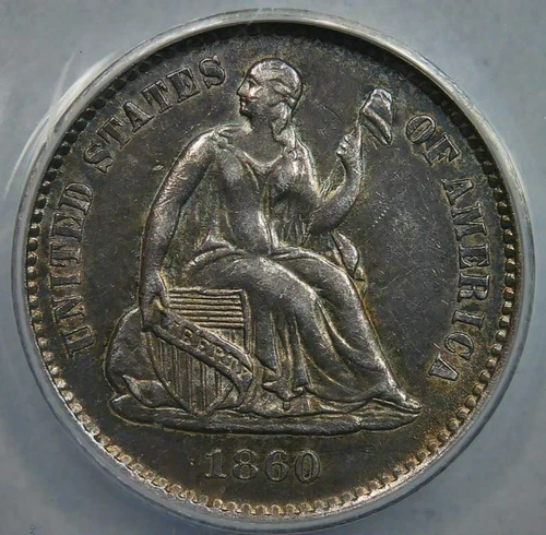 1860-O__Seated Half Dime__Anacs AU 55__Liberty, Silver, Coin, Toned