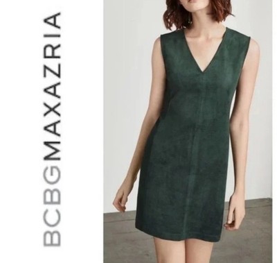 BCBGMAXAZRIA Malina Faux Suede Mini Dress MEDIUM Green Sleeveless V Neck Shift