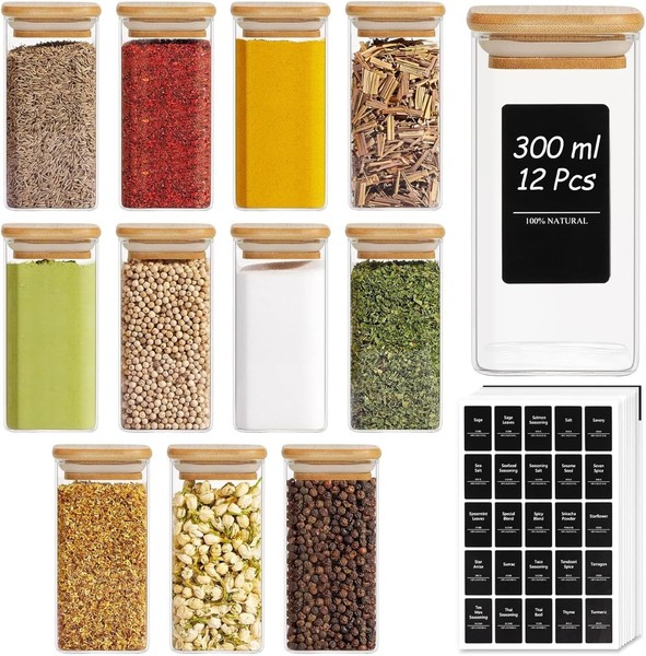 GewüRzgläSer Eckig 12 X 300Ml Mit Holzdeckel Luftdicht FüR KüChenaufbewahrung-image