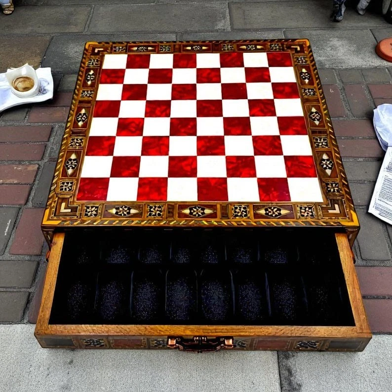 Luxury Handmade 15" Wooden Chess Board with Storage Drawer Inlaid Solid Wood 🎁 - Image 2 of 4