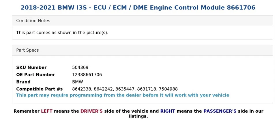 2018-2021 BMW I3S - ECU / ECM / DME Engine Control Module 8661706 - Imagem 3 de 4
