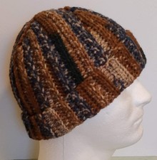 Beanie Hat Warm Ribbed Brown/Blue w/Cuff Converts To Slouch Hand Crochet One Sz