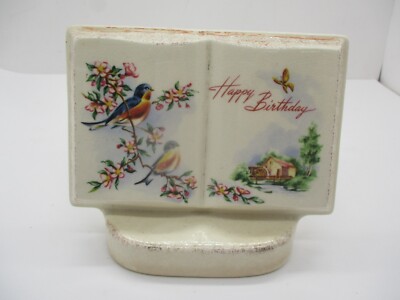 VTG 1950s Royal Windsor Ceramic Planter Books of Remembrance Happy Birthday Bird