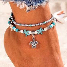 Womens Tibetian Sterling Silver Beach Starfish Turtle Anklet Adjusts8"to10" D216
