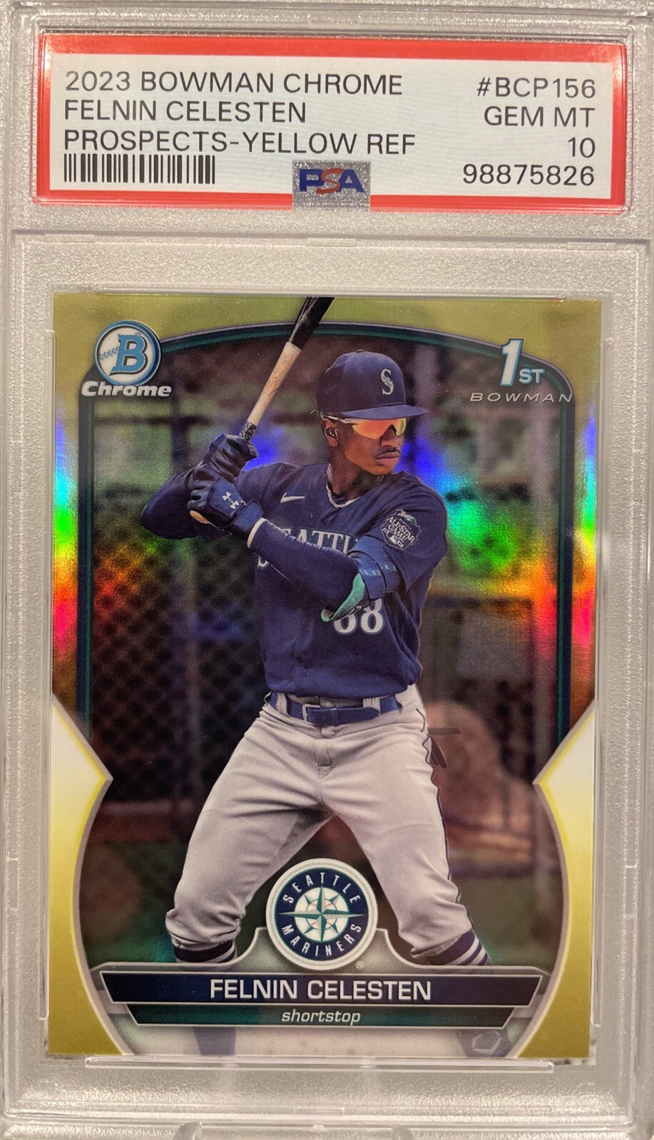 2023 BOWMAN CHROME 1ST PROSPECTS YELLOW REFRACTOR FELNIN CELESTEN /75 PSA 10