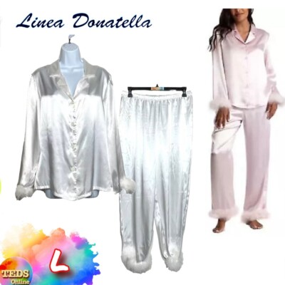 NWD Linea Donatella Women's L Marabou Feather Satin PJ Set Ivory MBJ045 $98