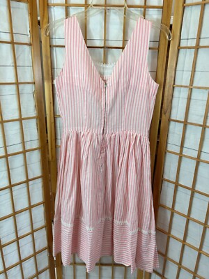 VTG Handmade Pink White Dress Seersucker Stripes Lace Trim