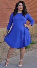 New PLUS SIZE Womens ROYAL BLUE SOFT VISCOSE 3/4 MIDI DRESS POCKETS 1X 2X 3X