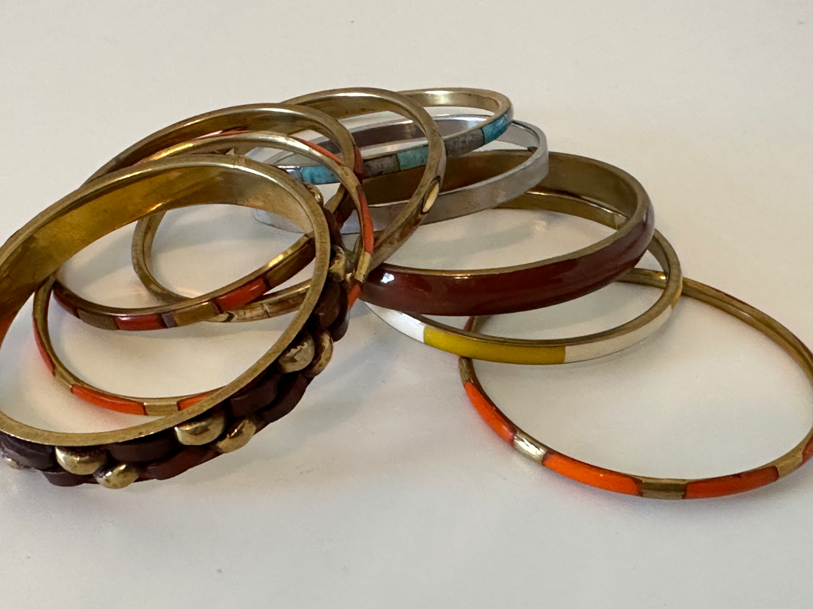 VTG Bangle Stackable Brown Orange Shell Wood Leat… - image 9