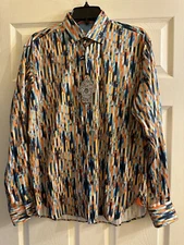 NWT Luchiano Visconti Black Orange Stripe Multi Button Down Shirt Medium $125
