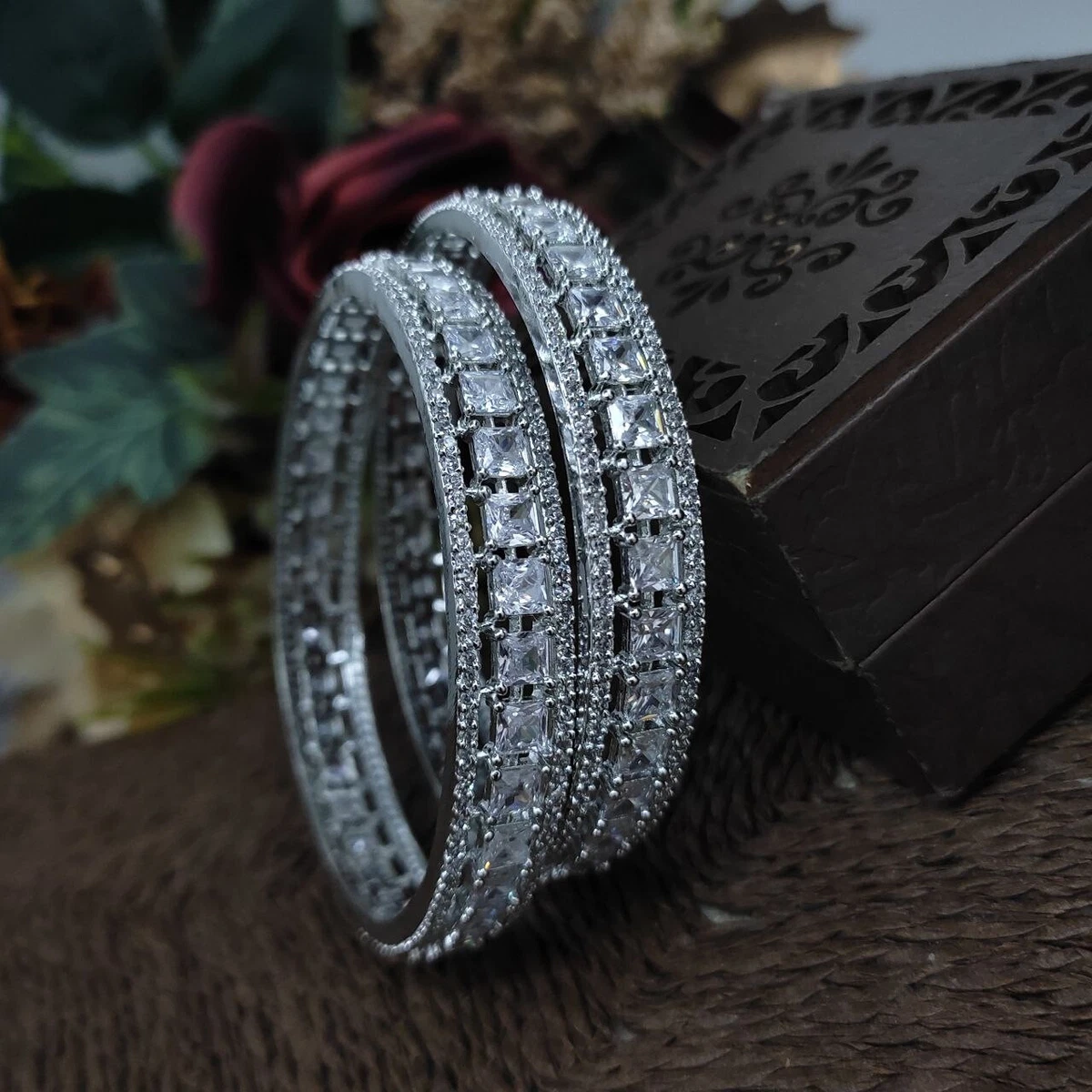 Bollywood Style Indian Silver Plated Set of 2 CZ Bangles Bracelet