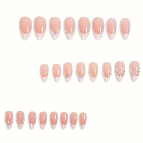 24Pcs French Tip Press on Nails Long Almond With Aurora Bow Design Pink French - Picture 4 of 6