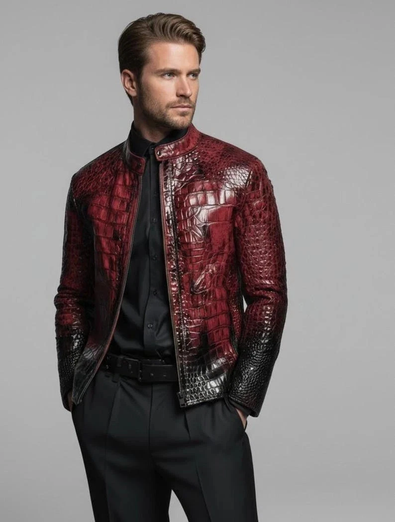 Men's Leather Jacket Red & Black Crocodile Pattern Real Luxury Leather Jacket
