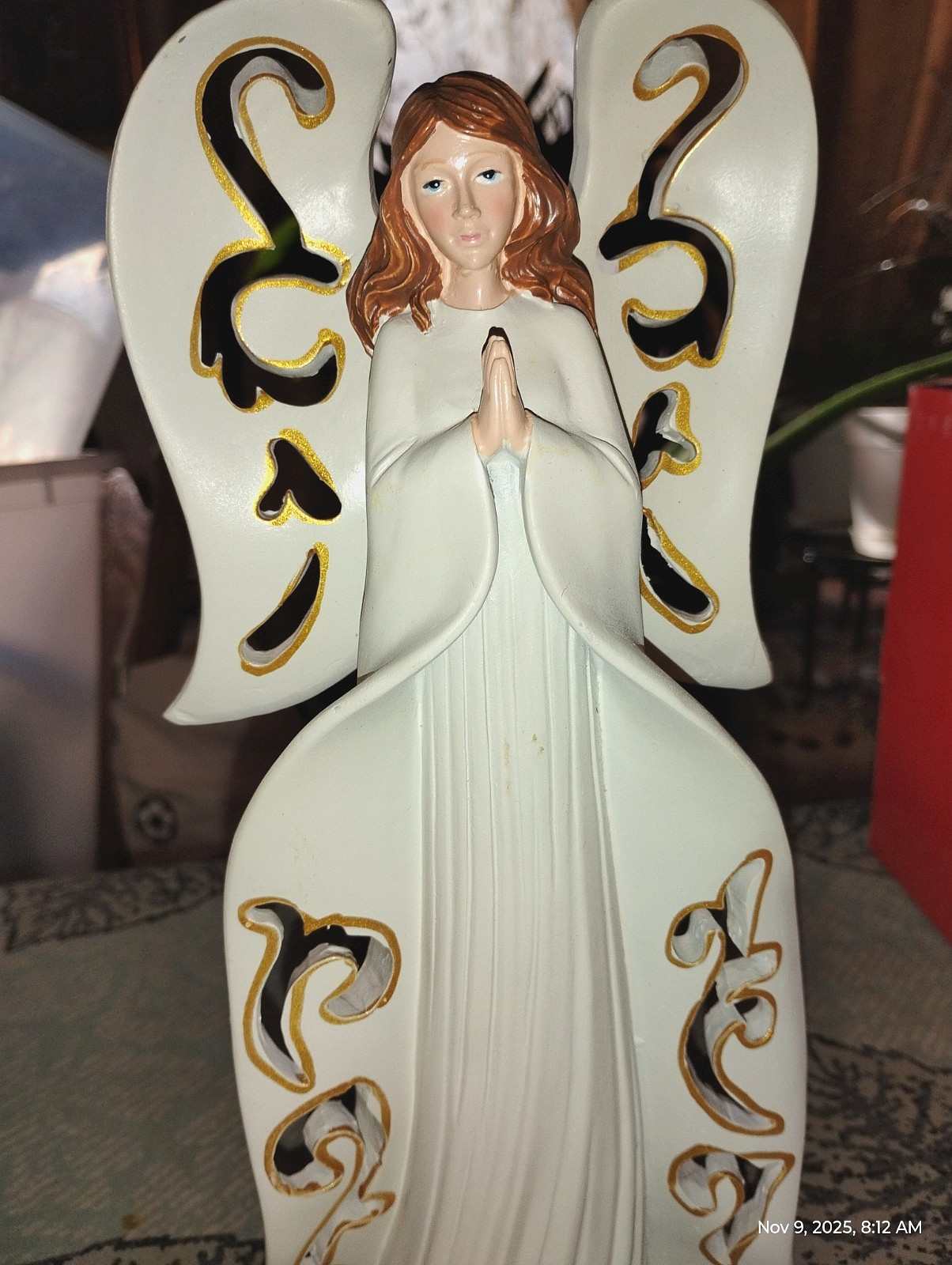 Tall Slim 10" Christmas PRAYING Angel Statue Figurine Ivory, CANDLE HOLDER