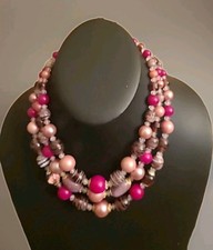 Triple Glass Murano Beaded Necklace Vintage Pink Red Mauve 18"