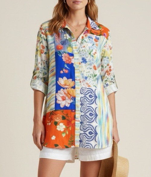 JOHN MARK Patchwork Floral Print Roll Tab Sleeves… - image 2