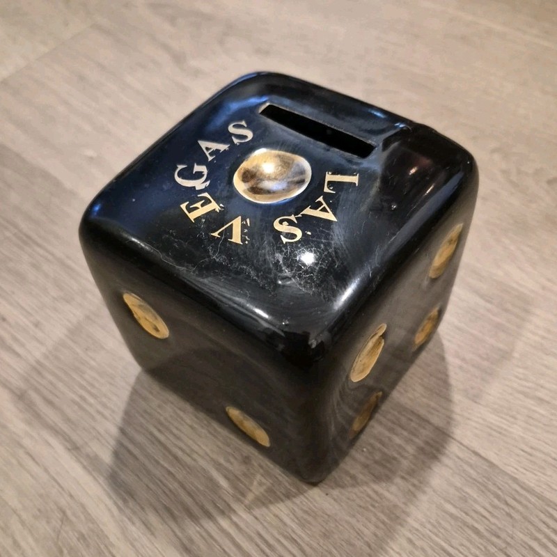 Las Vegas Black Ceramic Dice Piggy Bank Coin Bank w/ Slot "CASINO" Logo
