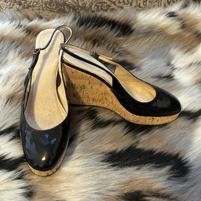 Yves Saint Laurent Damen Keilsandalen Lackleder schwarz EU 39 Logo Knöchelriemen