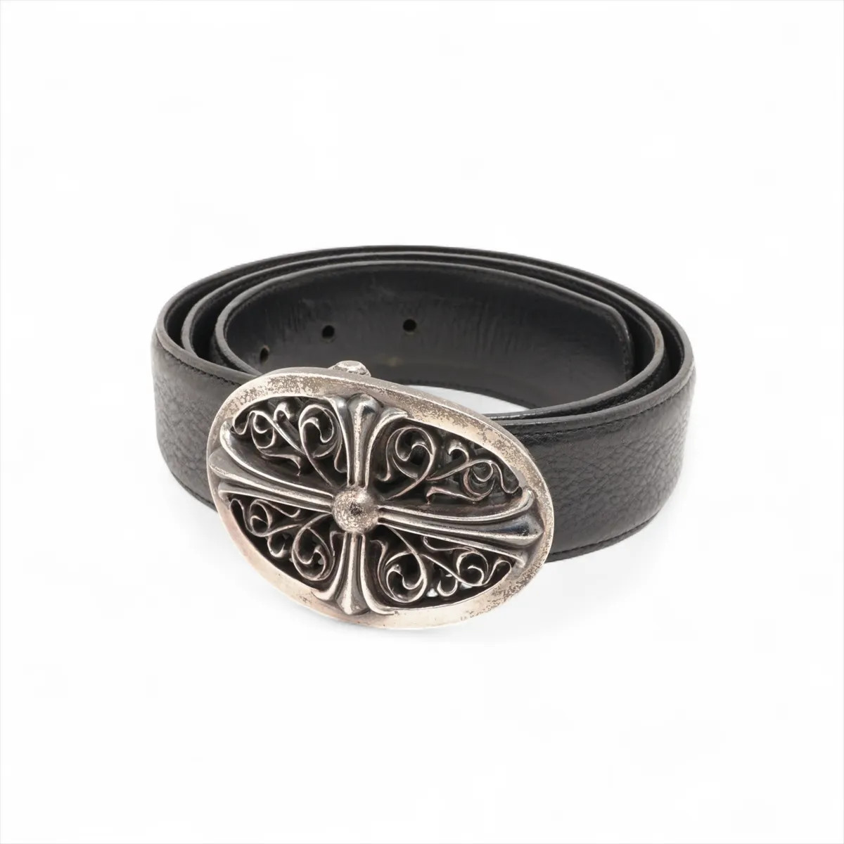 Chrome Hearts Classic Oval Cross Buckle Belt Leather & 925 size 34 black x silve
