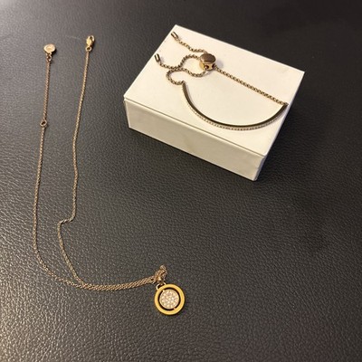 Michael Kors Pave Bar Slide Bracelet And Matching 18 Inch Rose Color Necklace 
