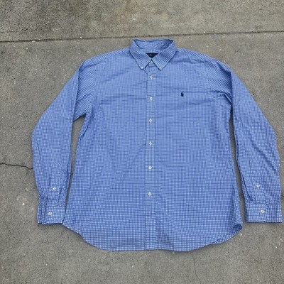 Polo Ralph Lauren Shirt Slim Fit Cotton Stretch Mens XL Blue Gingham Check Pony