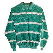 20. Vintage 70s-80s Long Sleeve Velour Polo Shirt for men green white velvet