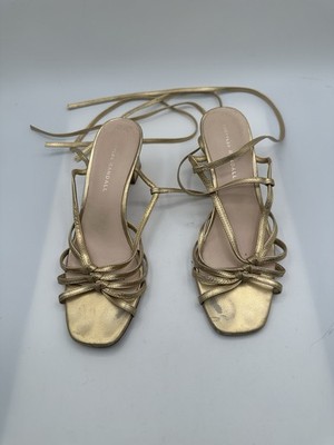 Loeffler Randall Gold Leather Knot Tie Up Pumps Block Heel Sandal Women Size 8B