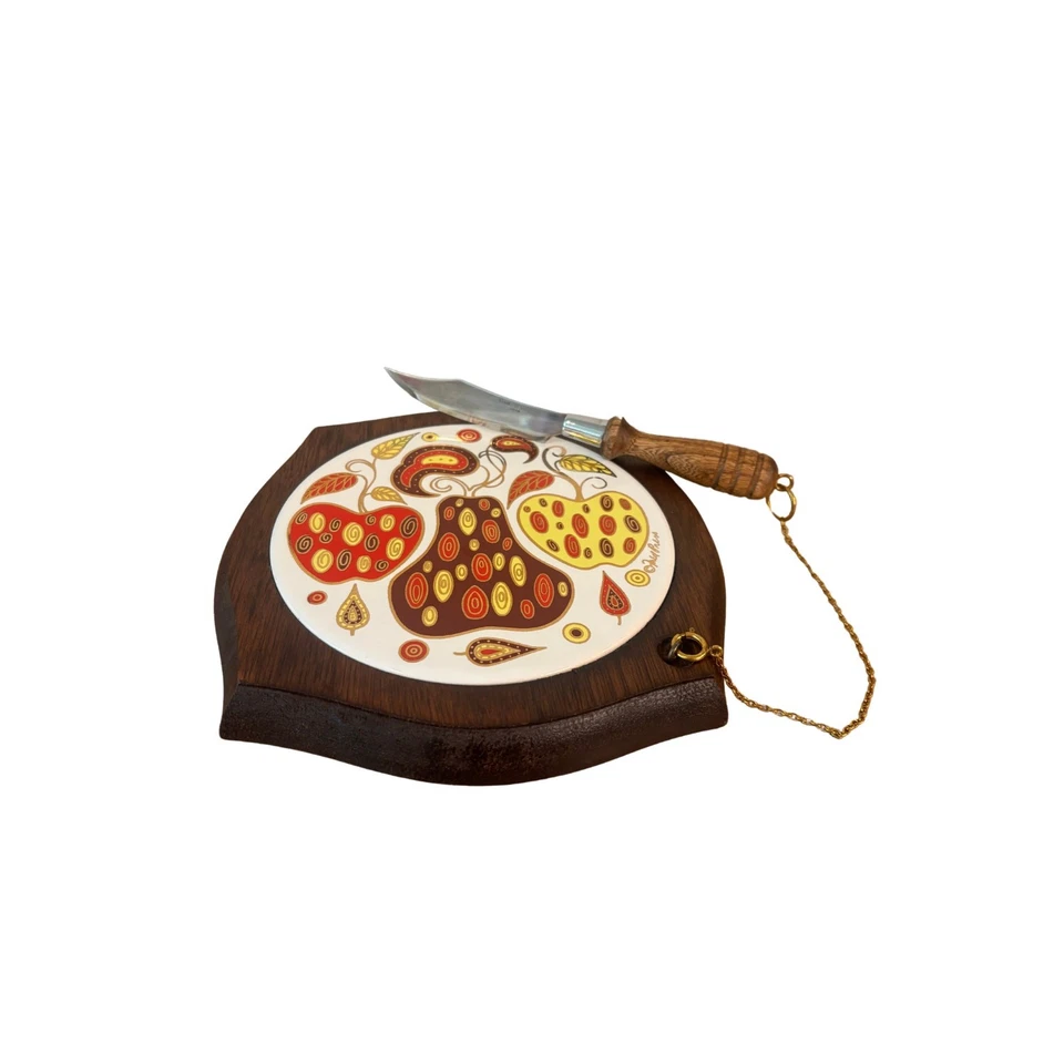 Tabla de queso Fred Press MCM Mid Century moderna de madera y azulejos diseño de frutas de colección Foto 3 de 4