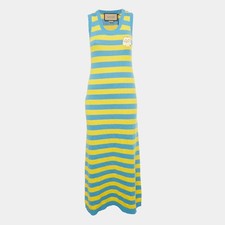 Gucci BlueYellow Striped Wool Knit Kawaii Applique Maxi Dress S