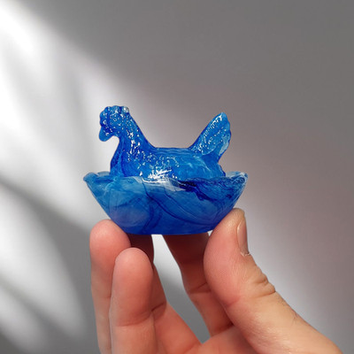 Blue Cream Swirl Hen on Nest Mini Chicken Salt Dish, Depression Style Glass