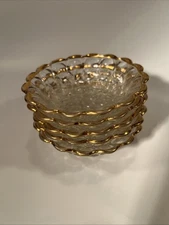 Vintage Jeanette Glass Thumbprint Berry Bowls Gold Accent Set Of 5
