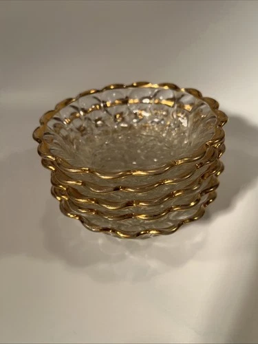 Vintage Jeanette Glass Thumbprint Berry Bowls Gold Accent Set Of 5
