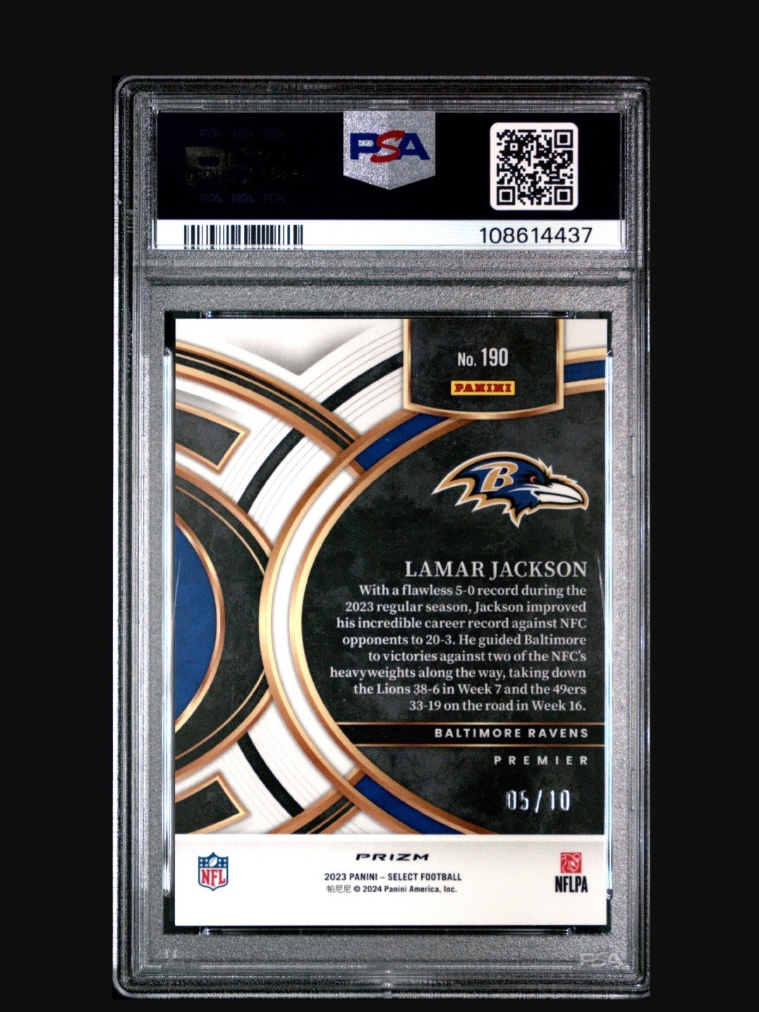 2023 Panini Select Lamar Jackson #190 Gold Disco Prizm PSA 10 view 2