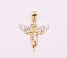 Men's Small Two Tone Baby Angel Pendant Charm Real 10K Yellow White Gold