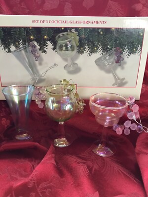 MIB FLAWLESS DILLARDS Three Iridescent COCKTAIL GLASSES Christmas TREE ORNAMENTS