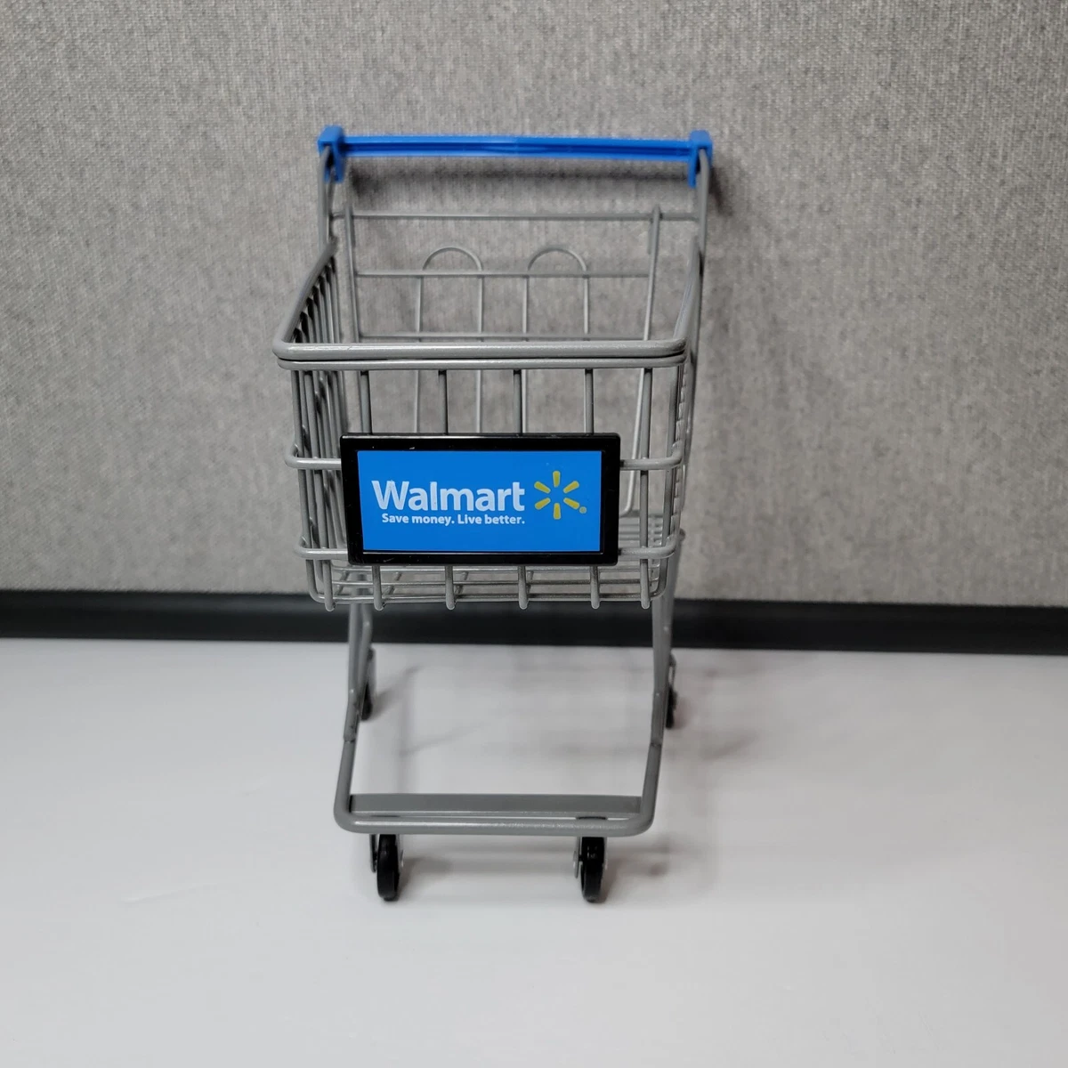 Walmart Toy Doll Size Mini Shopping Cart Buggy Gray Metal Blue Sign 10 Inch