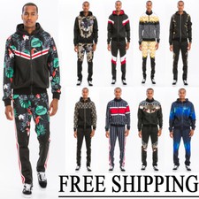 Men's Printed Track Pants Set Casual Jogger Set Ankle Zipper and Tape Detail