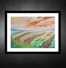 Painting Landscape Fields Painting Gouache Paper Drawing 8.3 x 11.5 Impressionis