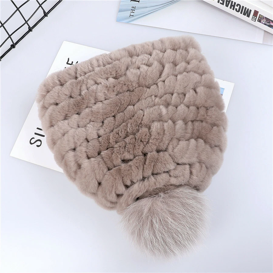 Luxury Women Rex Rabbit Fur Beanie Hats Lady Winter Warm Cap With Fox Fur Pom - Image 2 of 4