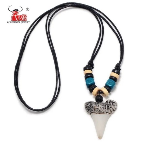 Mens Retro Biker Beaded Surfer Necklace SHARK TOOTH Pendant Boys Birthday Gift - Picture 6 of 6