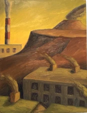 TIM BALBONI NEW YORK CITY 1992 SURREAL INDUSTRIAL LANDSCAPE MODERNIST PAINTING