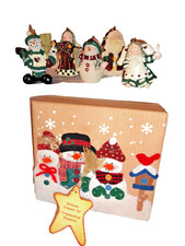 Handcrafted 5 Ornaments Christmas Angels Snowmen Old Time Santa W/Decorative Box
