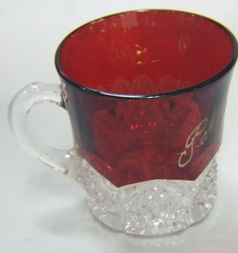 Antique Edwardian Red Flesh Press Glass Cup Engraved Pat c.1914 Collectables