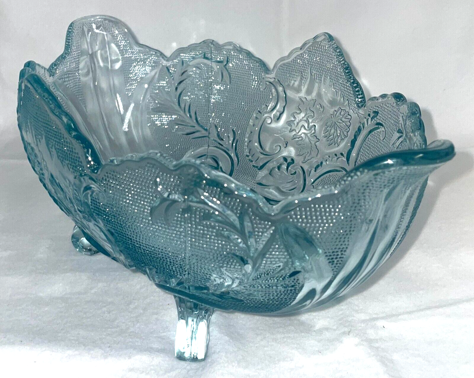 Vintage Aqua Footed Oval Bowl with Leaf Vine Pattern 10x7 Inches