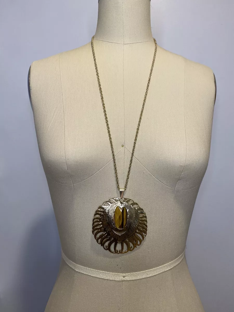 Kendra Scott Lennox Vintage feather pendant statement Necklace Tigers Eye gold