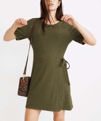 Women s $90 Madewell Olive Palm Tree Crosshatch Puff Sleeve Wrap Dress Size L