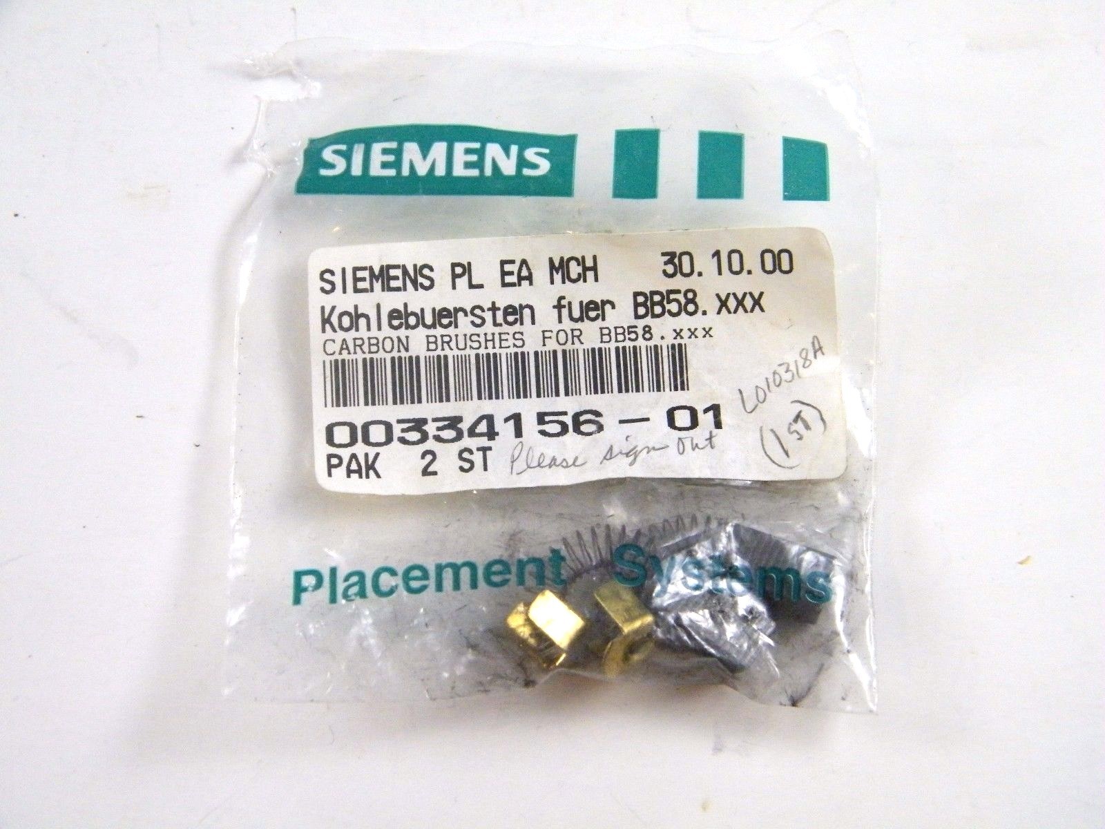 SIEMENS CARBON BRUSHES FOR BB58, 00334156-01, 2 PACK ~ NEW IN ORIGINAL PACKAGING